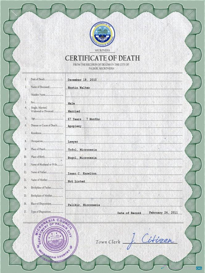 Download Micronesia vital record death certificate PSD template Photoshop template